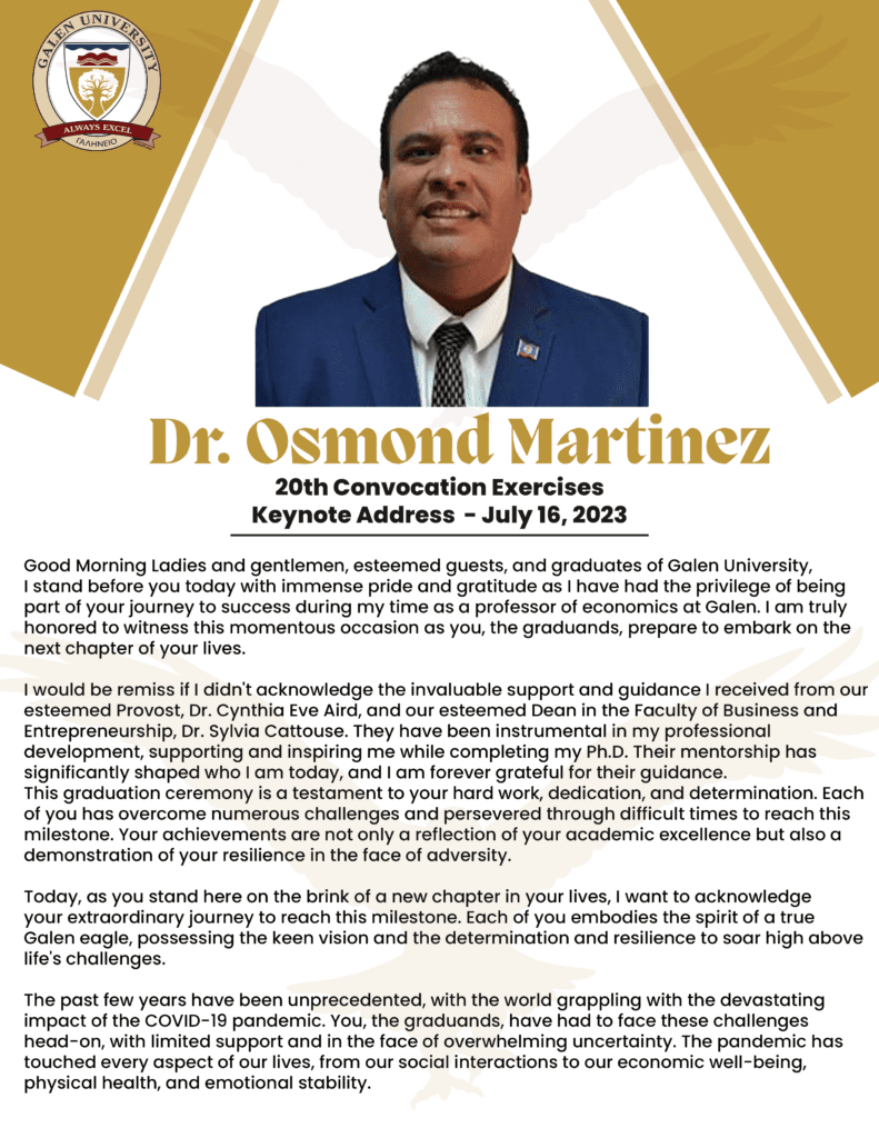 Dr. Osmond Martinez Convocation Speech 2023 | Galen University - Galen